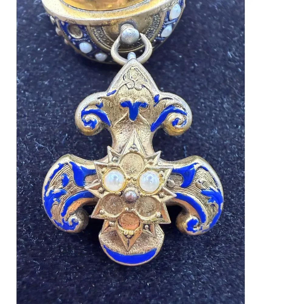 Antique Gold Tone Blue Enamel & Pearl Watch Brooch